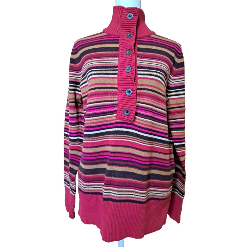 Eddie Bauer Womens L Large Burgundy Striped Cotton Knit Turtleneck Sweater Top